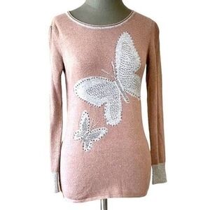 Embellished Butterfly Wool Crewneck Sweater Women’s Brown Gray Long Sleeve Sz S